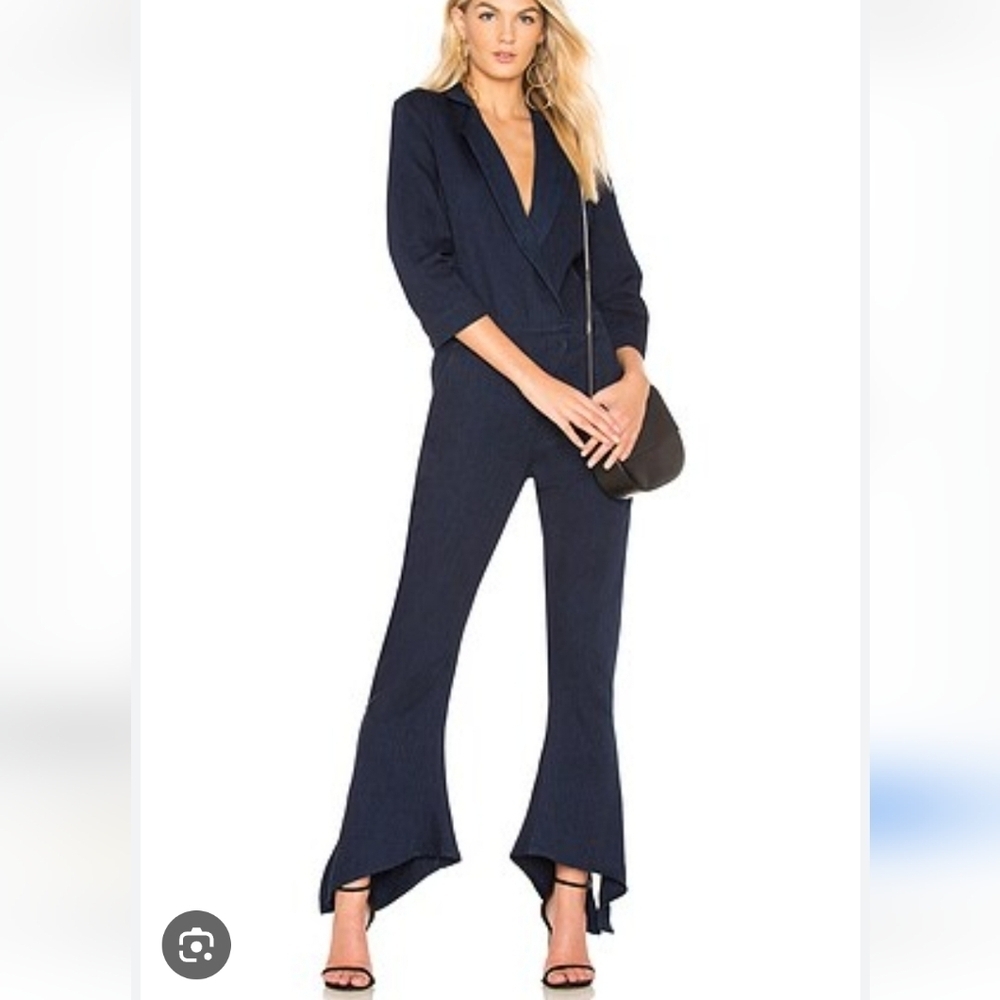 Halston Heritage V-Neck Tapered Jumpsuit in Denim Blue 6 Cotton Tie ankles